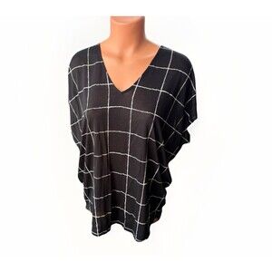 Vince Black Windowpane Plaid V-Neck Knit Dolman Sleeve Relaxed Fit Tunic Top S